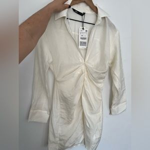 Zara NWT Ivory Cinched Long Sleeve Dress